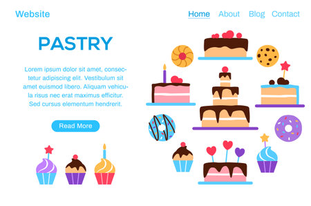 Pastry landing page template with copy space and button. Colorful baked tasty treat website design. Dessert flat elements donut cake muffin for cafe restaurant internet web page vector illustration.のイラスト素材