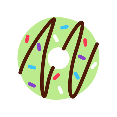 Flat donut decorated with green icing and colorful sprinkles. Tasty baked unhealthy frosting dessert isolated on white background. Glazed doughnut art. Delicious junk food creative vector illustrationのイラスト素材