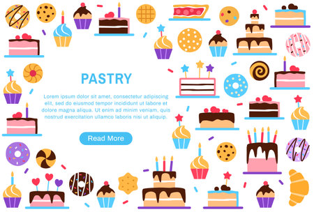Pastry background with circle copy space and button. Colorful baked healthy food collection design. Dessert elements donut cake cupcake for cafe menu. Internet web page flat vector illustration.のイラスト素材