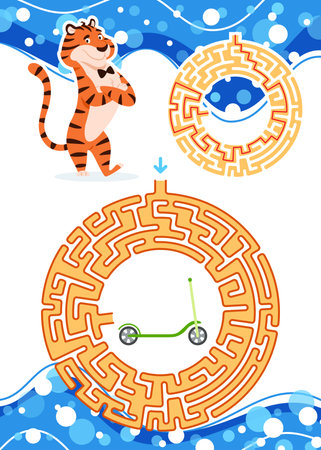 Maze game for kids with solution. Lets help happy tiger to find way to kick scooter. Animal character puzzle learning book page design template. Vertical colorful round labyrinth vector illustration.のイラスト素材