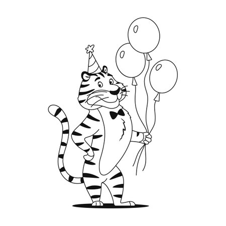 Coloring page. Funny cartoon tiger with Birthday balloons on a white background. Cute animal character for kids preschool activity. Black and white outline sketch. Coloring book vector illustration.のイラスト素材