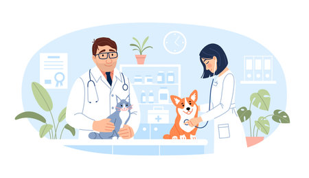 Veterinary clinic concept. Young male, female veterinarians with dog and cat are doing veterinary exam on hospital background. Cute animal diagnostics design Flat line pet medicine vector illustrationのイラスト素材