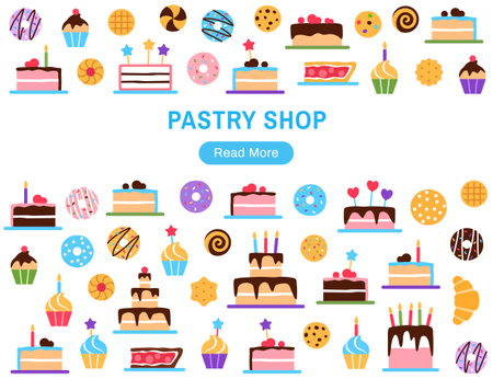 Pastry shop website template with copy space and button. Colorful baked tasty treat landing page design. Dessert flat elements doughnut cake cupcake for cafe menu internet web page vector illustrationのイラスト素材