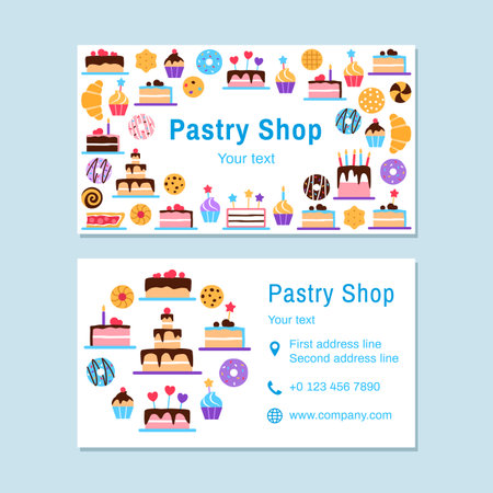 Pastry shop visit card template. Baked healthy dessert business card design. Bright colorful flat yummy snack objects donut cake cupcake croissant for confectionery sweet shop cafe vector illustrationのイラスト素材