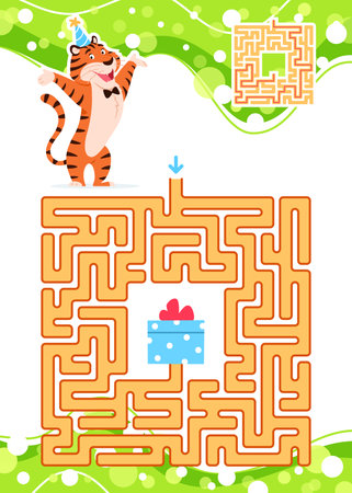 Maze game for kids with cute Tiger. Let us help the happy tiger to find his way to a present. Animal character puzzle learning book page design template Labyrinth solution colorful vector illustrationのイラスト素材