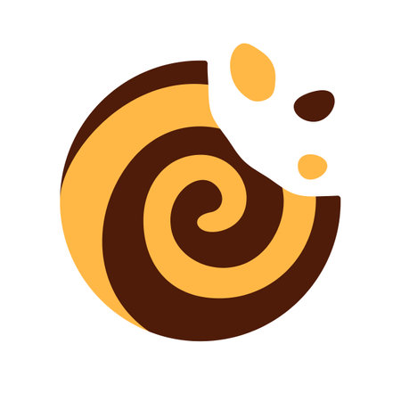 Swirl chocolate vanilla cookie flat icon isolated on white background. Baked treat element with crumb, missing bite symbol. Homemade meal design. Broken sweet snack. Bitten dessert vector illustrationのイラスト素材