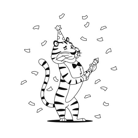 Happy smiling cute tiger with firework cracker. Coloring book page. Cartoon wild animal character sketch for kids preschool activity. Black and white outline. Worksheet design vector illustration.のイラスト素材