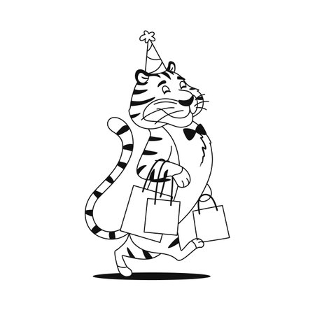 Coloring book page. Happy cartoon tiger with shopping bags in party hat on white background. Black and white outline. Animal character for kids preschool activity. Worksheet design vector illustrationのイラスト素材