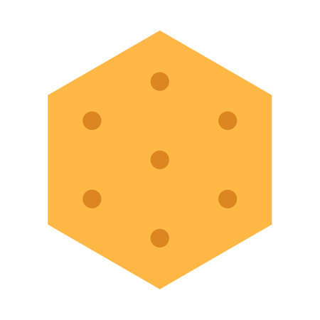 Crispy cheese cracker isolated on white background. Salted crunchy meal hexagon sign or logo flat design. Yellow baked dessert symbol with crumb. Healthy breakfast minimal cookie vector illustration.のイラスト素材