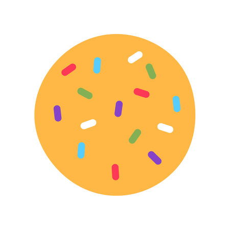 Yellow cookie with colorful sugar sprinkles isolated on white background. Gourmet crispy snack meal sign or logo flat design. Baked wholemeal wheat dessert. Minimal homemade food vector illustration.のイラスト素材