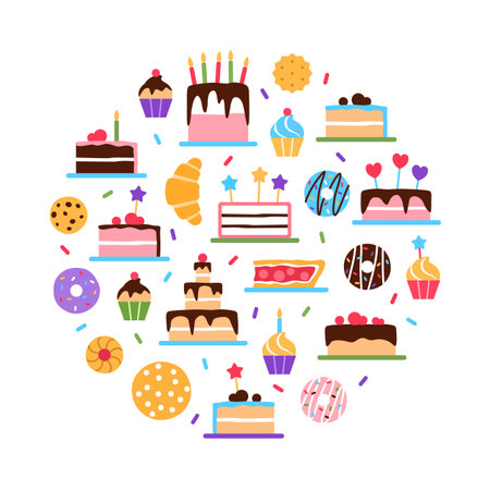 Colorful pastry circle concept on white background. Food sweetness elements set. Danish pastries patisserie for cafe shop restaurant menu banner design. Cake muffin bun cookie pie vector illustration.のイラスト素材
