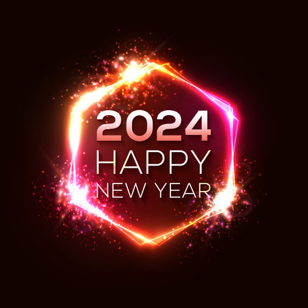 Happy New Year 2024 hexagon neon sign on dark red celebration background. Holiday greeting card design with glowing text. Dark night club party style. Light hex banner decoration vector illustration.のイラスト素材