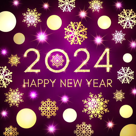 Happy New Year 2024 greeting card design on dark purple background. Gold texture glowing Christmas circle balls snowflakes stars. Golden New Year celebration banner. Holiday party vector illustration.のイラスト素材