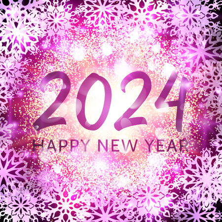 Happy New Year 2024. Seasons greetings card. Snowflakes light garlands flash glittering confetti firework. New Year banner design. Colorful winter purple glowing background. Bright vector illustrationのイラスト素材