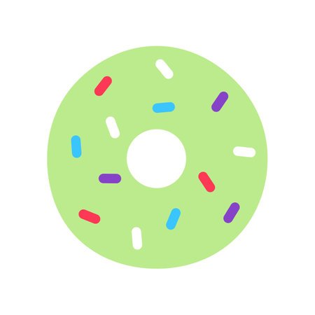 Colorful flat green donut isolated on white background. Tasty baked unhealthy dessert closeup object. Doughnut with sprinkles frosting top. Yummy treat food element design vector illustration.のイラスト素材