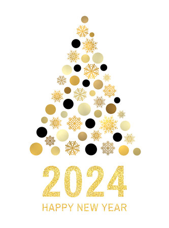 Happy new year 2024. Gold glitter greeting card design on white background. Abstract Christmas tree with golden black circles snowflakes on white background. Poster, banner vector holiday decoration.のイラスト素材