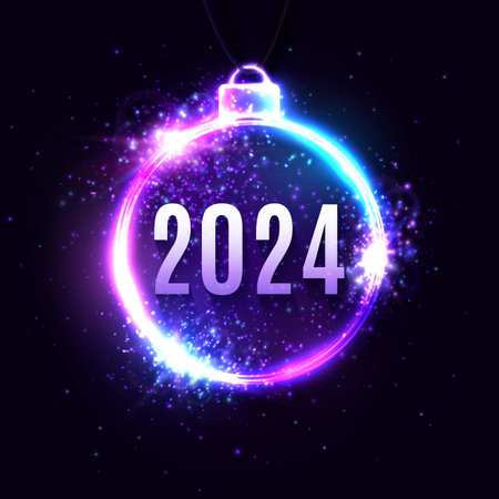 New Year 2024 neon glowing decoration on dark blue night club background. Color circle bright frame neon celebrating text. Banner, flyer calendar invitation element design. Holiday vector illustrationのイラスト素材
