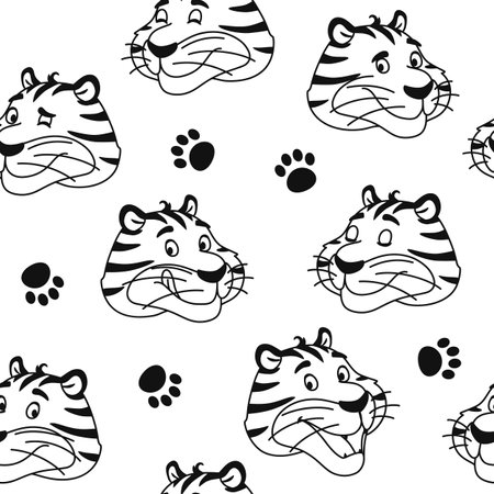 Black and white outline tiger seamless pattern. Cute cartoon animal head and paw print for kids coloring book page design. Wrapping paper fabric background repeat tile. Creative vector illustration.のイラスト素材