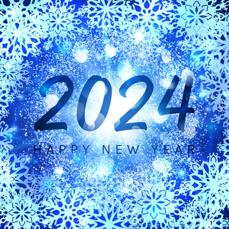 Happy New Year 2024 banner on blue glittering snowflakes background. Greeting card design. Glowing abstract particles light flash stars for New Year celebration. Holiday decoration vector illustrationのイラスト素材
