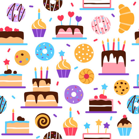 Pastry seamless pattern on white background. Colorful baked healthy food repeat tile flat design. Dessert elements cake donut muffin croissant wallpaper. Wrapping paper creative vector illustration.のイラスト素材