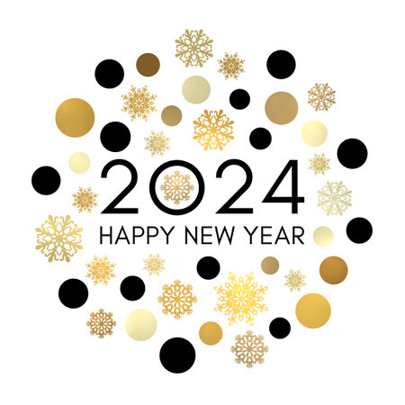 Happy New Year 2024 circle concept. Greeting card design on white background. Black celebration text in frame of gold circles snowflakes. Golden flyer banner calendar party decoration. Bright vector.のイラスト素材