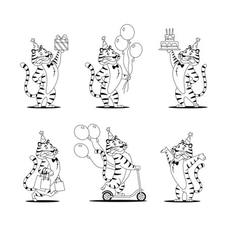 Coloring pages. Funny cartoon tigers set with Birthday cake present balloons on a white background. Cute animal characters for kids preschool activity. Black white outline sketch vector illustration.のイラスト素材