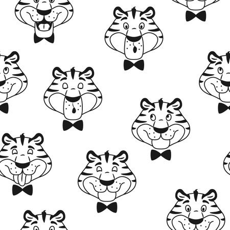 Black and white outline tiger seamless pattern. Cute cartoon animal head in bow tie for kids coloring book page design. Wrapping paper fabric background repeat tile. Creative vector illustration.のイラスト素材