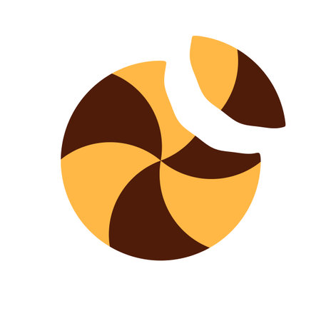 Chocolate vanilla cookie with missing bite flat icon isolated on white background. Traditional baked treat symbol. Homemade meal sign design. Broken swirl snack. Bitten dessert vector illustration.のイラスト素材