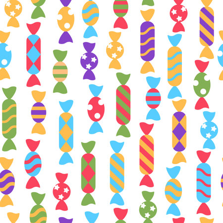 Colorful falling candy seamless pattern on white background. Bright sweet wallpaper design. Lollipop, caramel, bonbon, candy creative wrapping paper repeat tile. Sweetness dessert vector illustration.のイラスト素材
