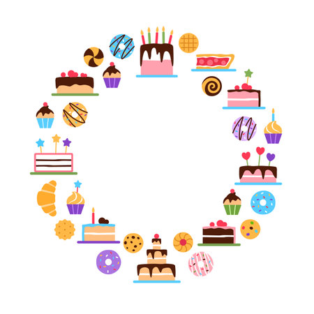 Pastry circle border with copy space for text on white background. Colorful baked healthy sweet elements frame design. Dessert donut cake muffin croissant for cafe restaurant flat vector illustration.のイラスト素材