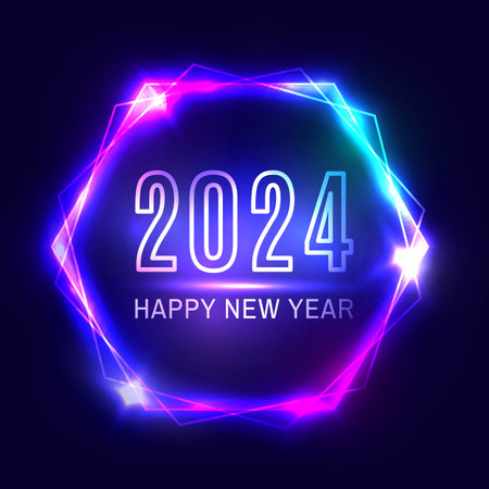 Happy New Year 2024 hexagon neon sign on dark blue background. Holiday greeting card design with glowing text. Dark night club party style. Light illuminated hex banner decoration vector illustration.のイラスト素材