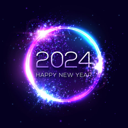 Happy New Year 2024 neon light sign. Holiday greeting card or banner design. Electric celebration circle ball with text star sparkle. Festive New Year 2024 night club sign. Vector holiday illustrationのイラスト素材