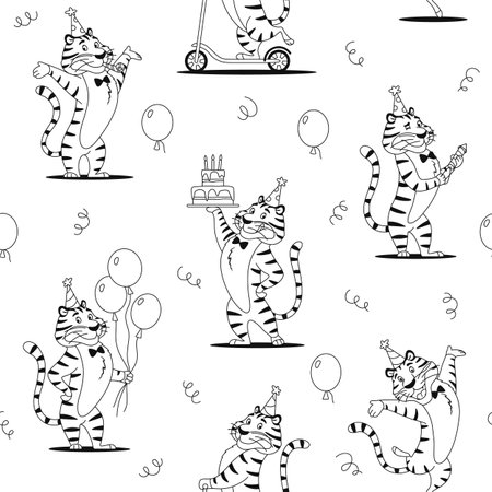 Cartoon tigers in party hat seamless pattern. Black and white outline cute wild cat print for kids decoration design. Coloring page wrapping paper textile repeat tile. Creative vector illustrationのイラスト素材