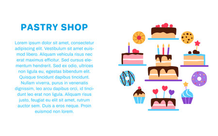 Pastry shop banner flyer brochure template with text copy space. Colorful baked healthy food circle concept design Dessert elements donut cake cupcake for cafe restaurant menu flat vector illustrationのイラスト素材