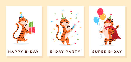 Cartoon smiling tigers in party hat superhero cape with presents, firecracker, balloons. Happy B day greeting cards, invitation design set. Festive Birthday celebration postcards vector illustration.のイラスト素材