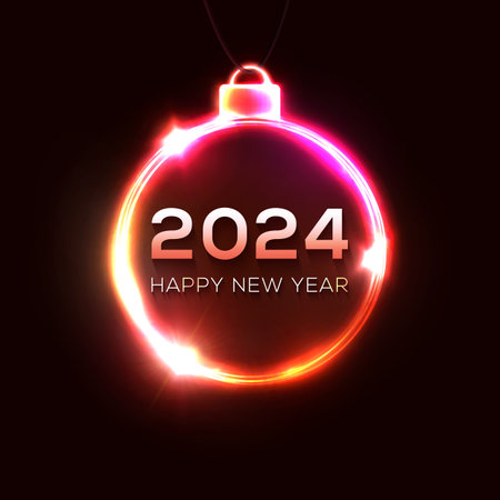 Happy New Year 2024 neon bright card. Glowing text in circle shiny frame on dark red background. Christmas decoration. New Year design for flyer calendar invitation. Light banner. Vector illustration.のイラスト素材