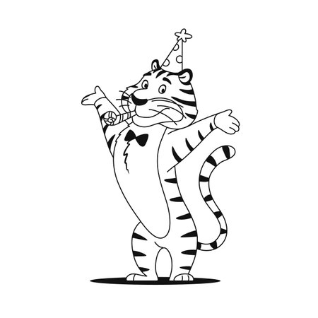 Coloring page. Cartoon adorable smiling tiger with whistle isolated on white background. Happy wild cat for kids preschool activity. Black and white outline sketch. Coloring book vector illustration.のイラスト素材