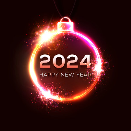 Happy New Year 2024 circle neon Christmas ball sign on dark red background. Holiday greeting card design with glowing text. Dark night club party frame Light tube banner decoration vector illustrationのイラスト素材