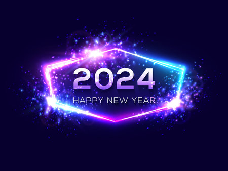Happy New Year 2024 hexagon neon frame on dark blue celebration background. Holiday greeting card design with glowing glitter sparkle star. Dark night club party sign. Light hex vector illustration.のイラスト素材
