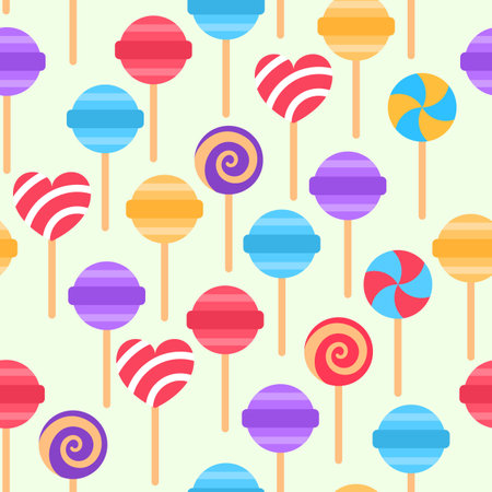Colorful lollipop seamless pattern on green background. Bright assorted sweet repeat tile design. Party treat food wallpaper. Stick swirl striped candy wrapping paper Bonbon fabric vector illustrationのイラスト素材
