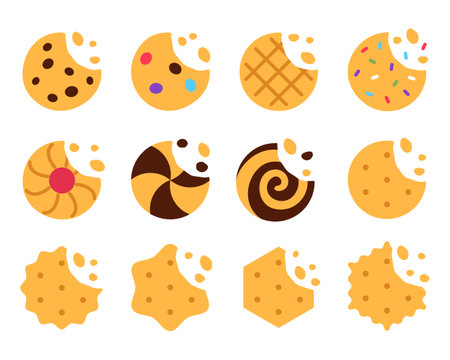 Flat cookies collection on white background. Tasty baked biscuits with missing bite crumb set design. Traditional crispy treat element. Broken chocolate cracker sprinkles cookie vector illustration.のイラスト素材