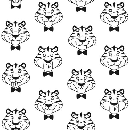 Black and white outline tiger head seamless pattern. Cute cartoon animal character with bow tie for kids coloring book page design. Wrapping paper cover fabric repeat tile Creative vector illustrationのイラスト素材