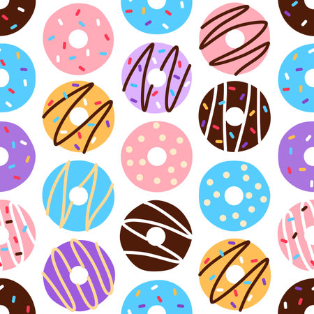 Bright flat donut seamless pattern on white background. Yummy doughnut with glazed topping repeat tile. Falling minimal art food wallpaper wrapping paper design. Textile creative vector illustration.のイラスト素材