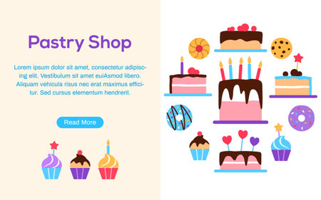 Pastry shop banner flyer brochure template with button and copy space for text. Colorful baked yummy food circle concept design Dessert elements for cafe restaurant web page flat vector illustration.のイラスト素材