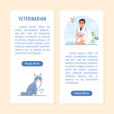 Vet clinic flyer or vertical banner with copy space, button, cat with a bandaged injured paw. Young veterinarian, Welsh corgi in protective cone on veterinary background. Flat line vector illustrationのイラスト素材