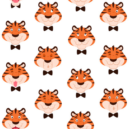 Colorful tiger seamless pattern. Cute cartoon striped animal character head in bow tie for kids decoration design. Beautiful wrapping paper fabric background repeat tile. Creative vector illustration.のイラスト素材