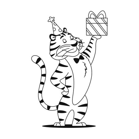 Coloring page. Funny cartoon tiger with Birthday present on a white background. Cute animal character for kids preschool activity. Black and white outline sketch. Coloring book vector illustration.のイラスト素材