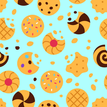 Cookies seamless pattern on blue background. Snack food repeat tile design. Tasty baked broken biscuits with crumb missing bite wallpaper. Crispy treat. Wrapping paper creative vector illustration.のイラスト素材