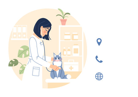 Veterinary business card template with blank text space for contact information, website, phone. Young veterinarian with cat visiting card design. Flat line vet clinic creative vector illustration.のイラスト素材