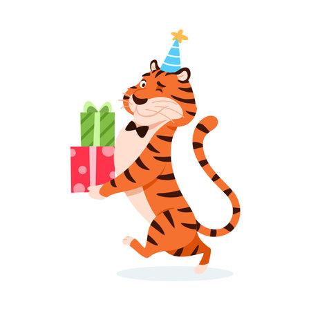 Cute cartoon tiger in party hat with presents isolated on white background. Adorable winking holiday orange striped wildcat in bow tie. Smiling animal character for kids design vector illustration.のイラスト素材